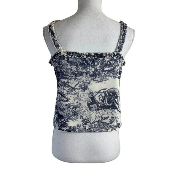 Aqua Blouse Size Small Off White and Blue Jungle Scene Tiger Trees Ruffle Trim - Picture 3 of 7